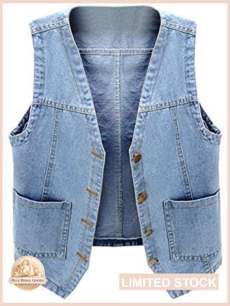 Sleeveless Denim Vest V Neck Button Down Slim Fit Casual Chic Retro